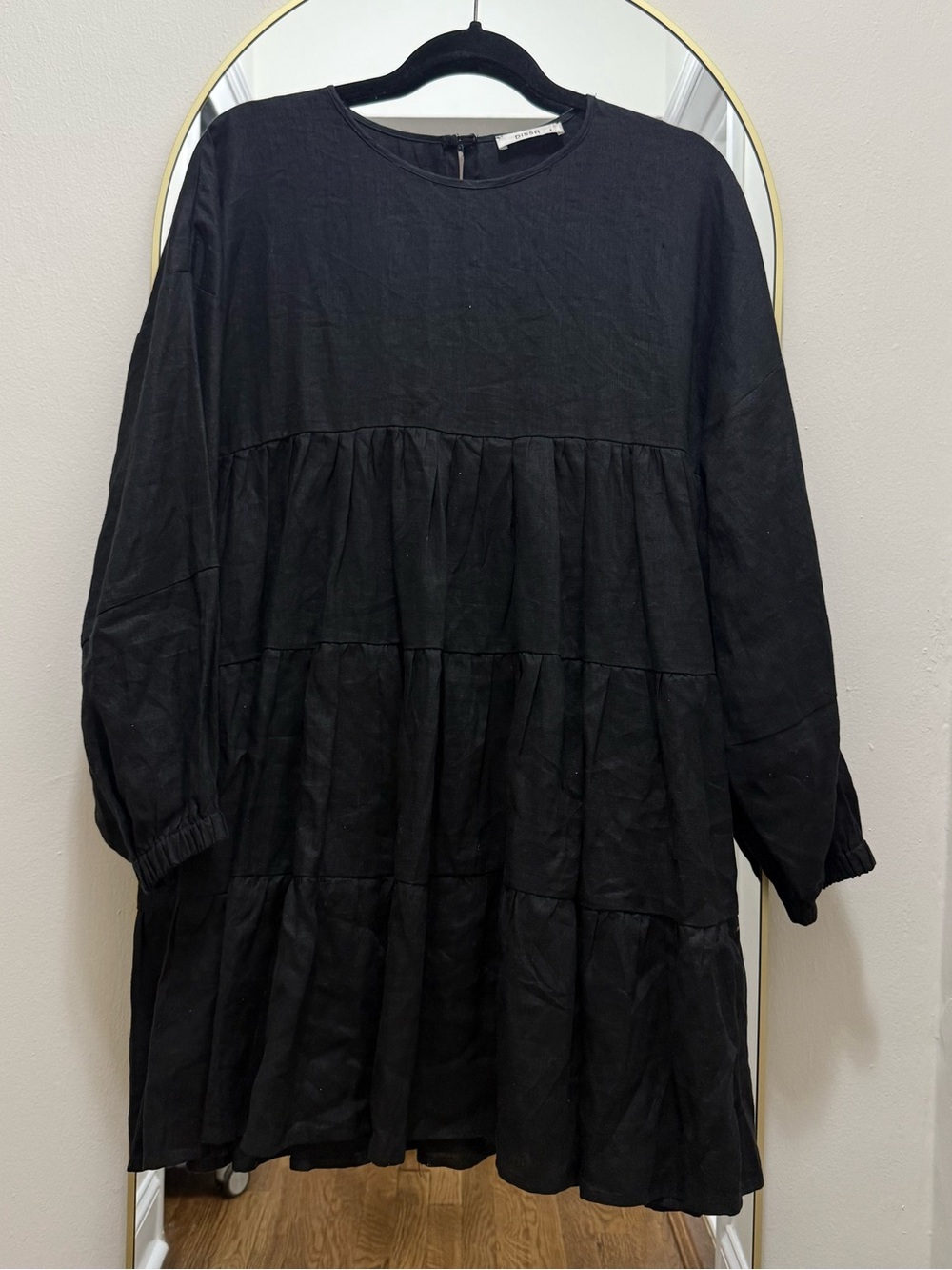 DISSH tiered black linen long sleeve mini dress - size US 6